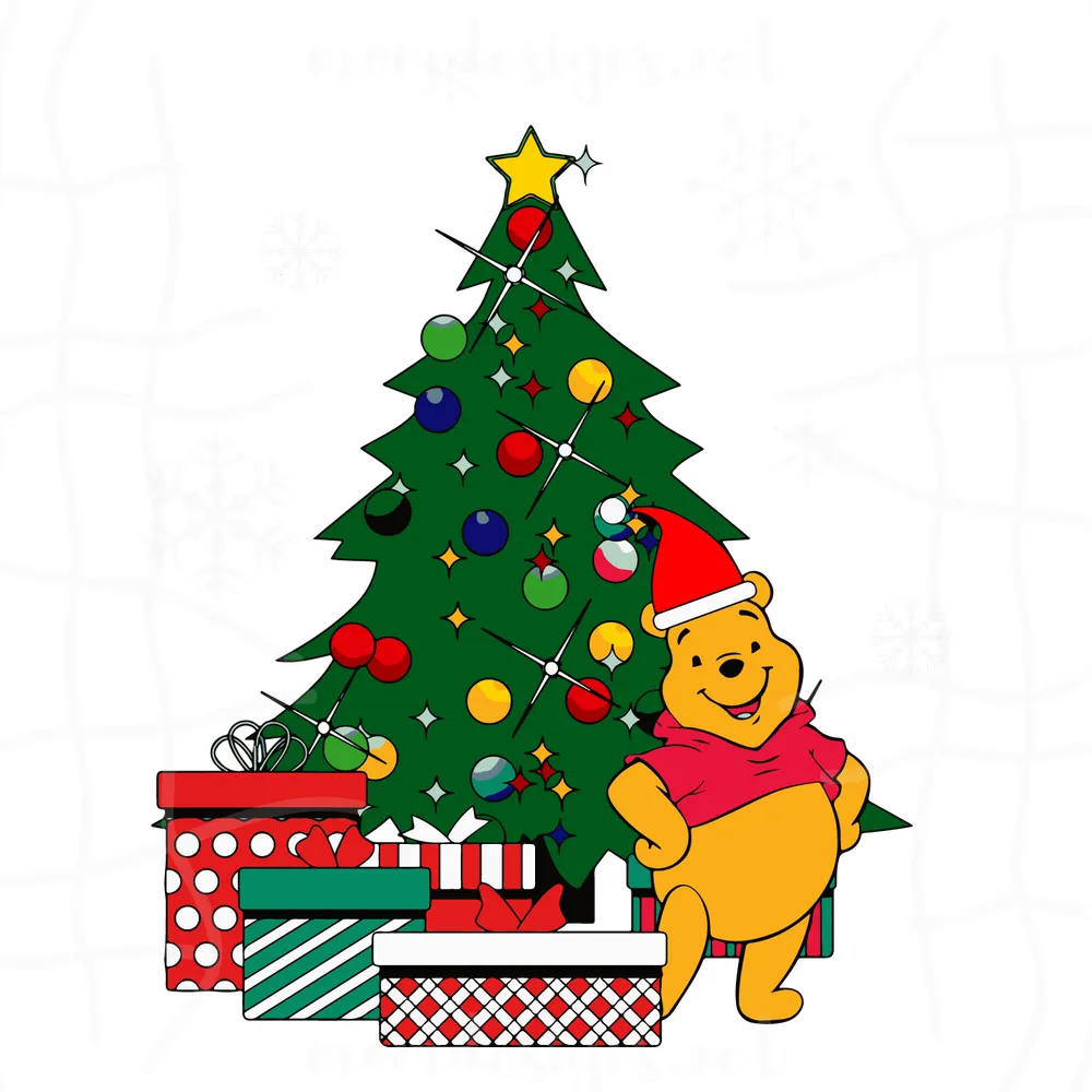 Winnie The Pooh With Christmas Hat And Tree, Digital File Svg