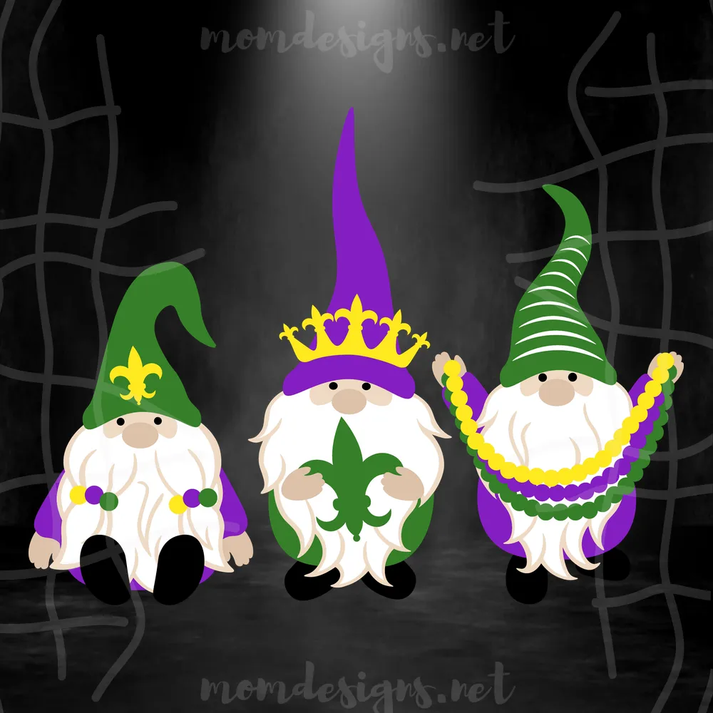 Three Lovely Mardi Gras Gnomes SVG PNG,