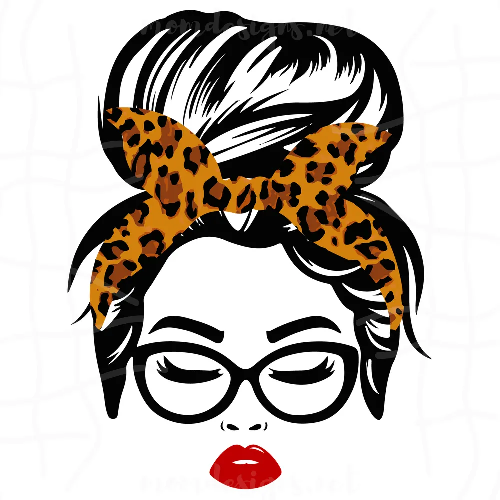 Messy Hair Bun With Leopard Headband And Glasses Svg, Messy Bun Svg