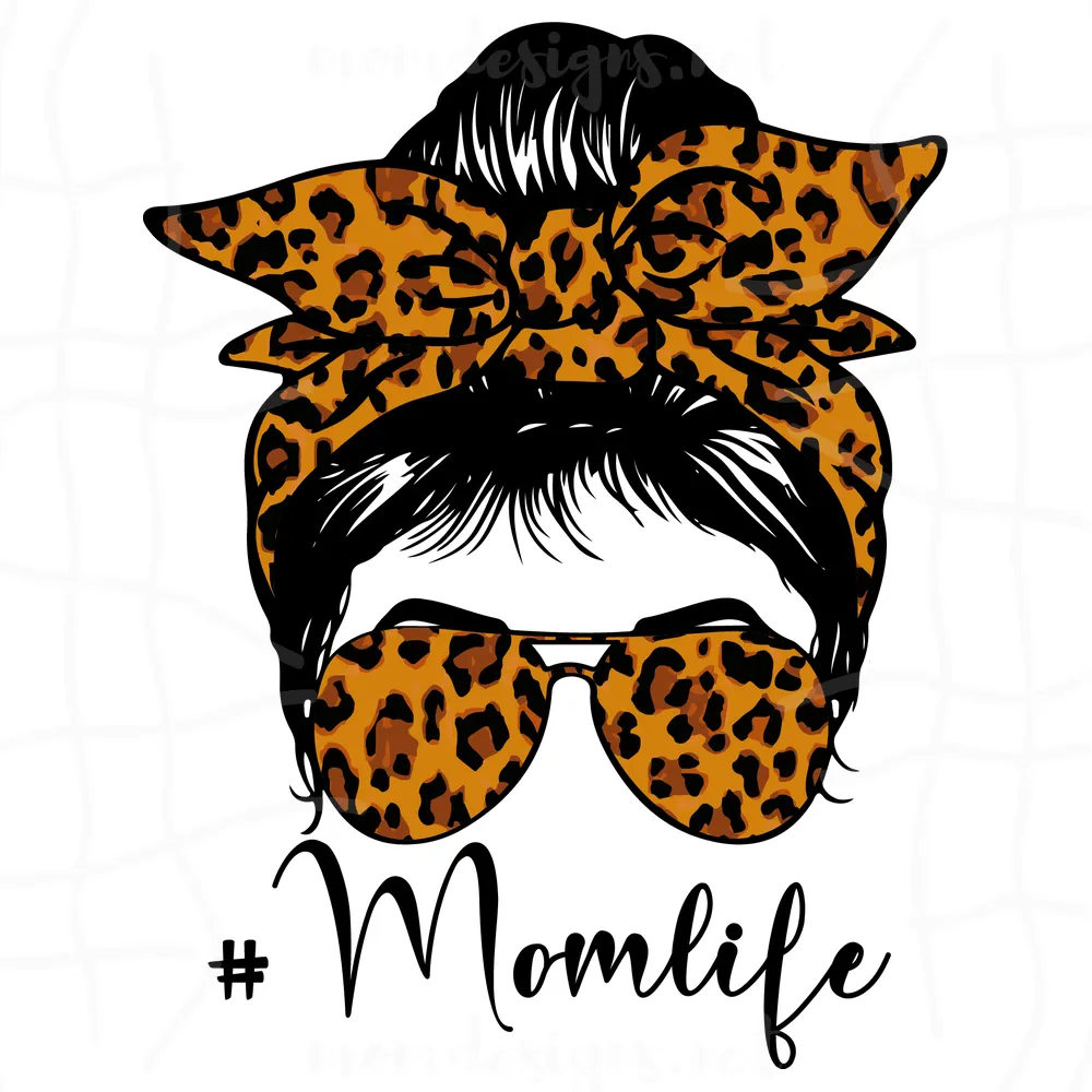 Mom Life Messy Bun With Leopard Bandana And Glasses Svg, Messy Bun Svg